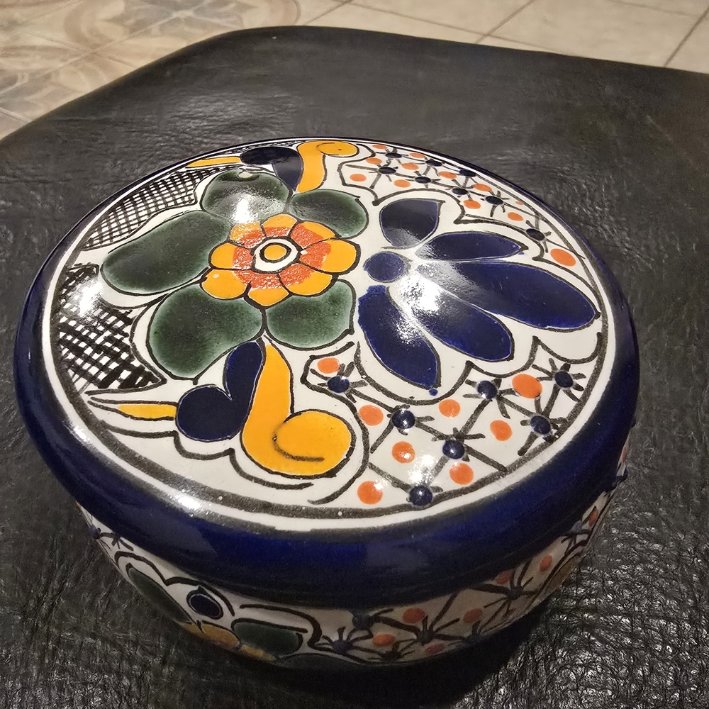 Handcrafted Ceramic Decorative Box - Blue and Orange Floral Design